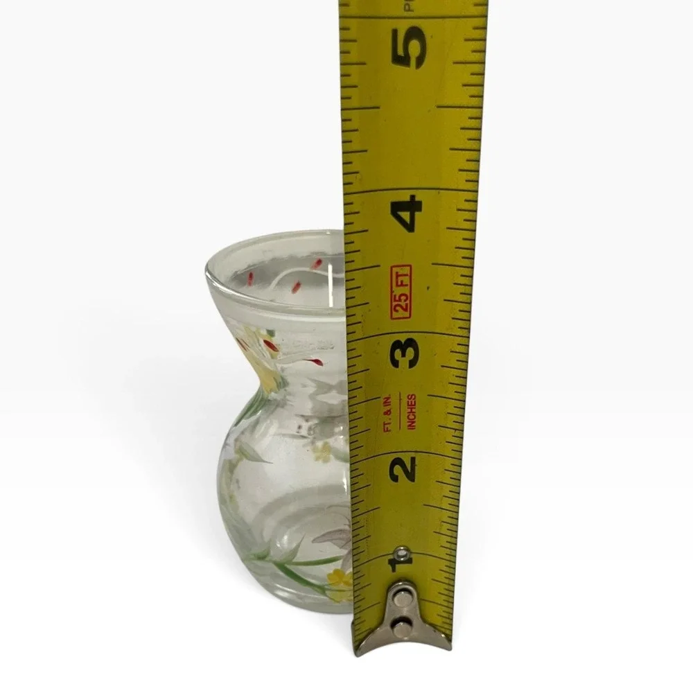 Small Hand-Painted Floral Glass Vase Clear Yellow Red Green Bud Flower Art Decor